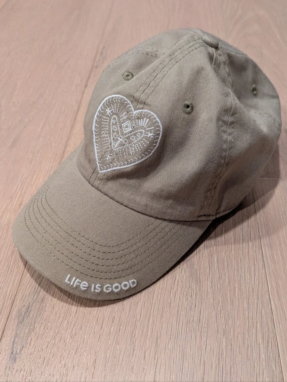 Life Is Good Khaki Baseball Cap with Heart Patch